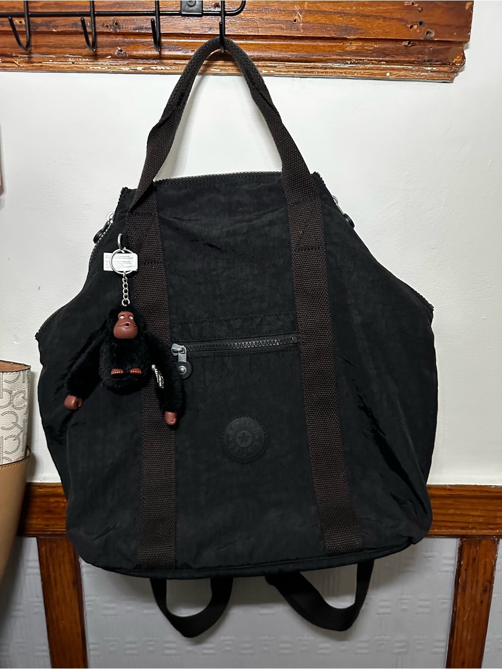 Kipling Black Nylon Convertible Tote-Backpack with Monkey Key Charm - Picture 2 of 4
